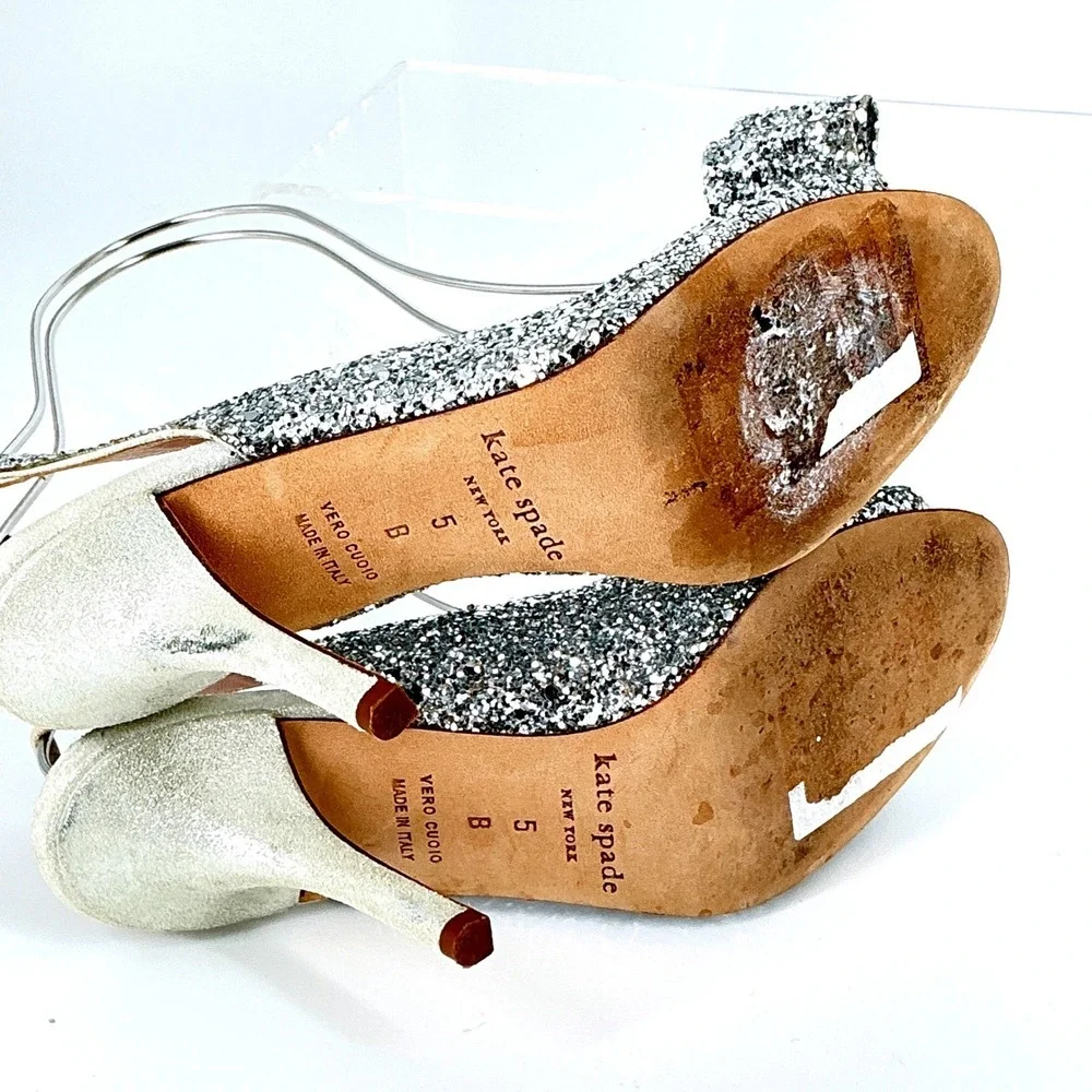 Kate Spade New York‎ Size 5 Silver Glitter Bow Slingback Heels Weddding Bridal